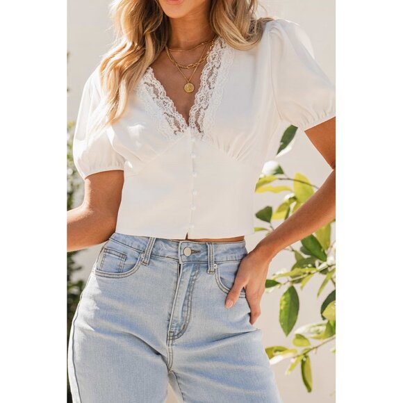 feminine  Babydoll Cropped Top Womens Sz L White Lace V Neck Angelcore dainty - Picture 2 of 16